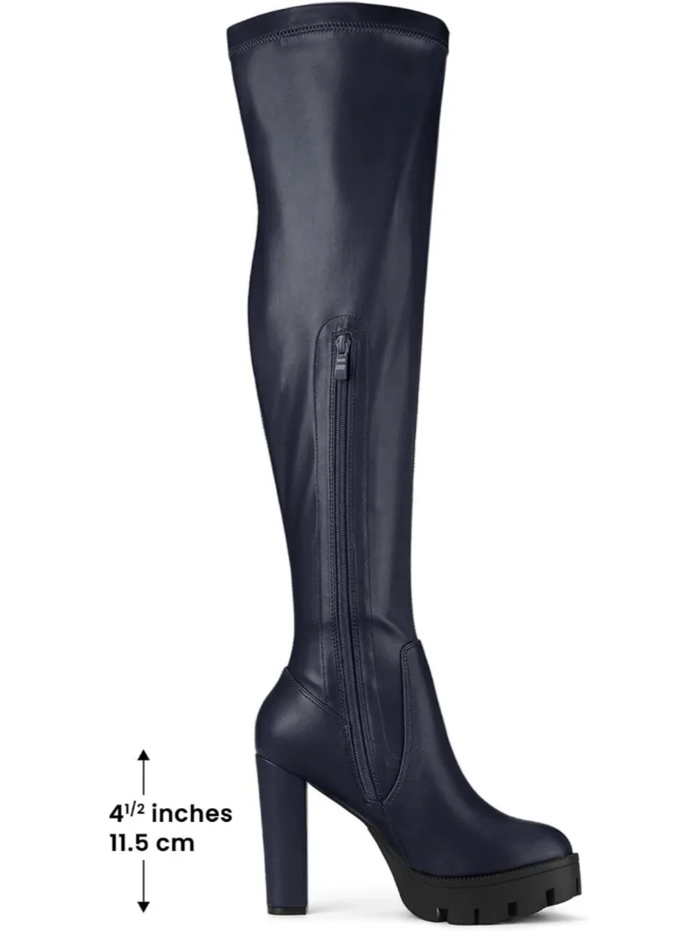 Women's Navy Blue Round Toe Faux Leather Chunky Heel Over The Knee High Boots